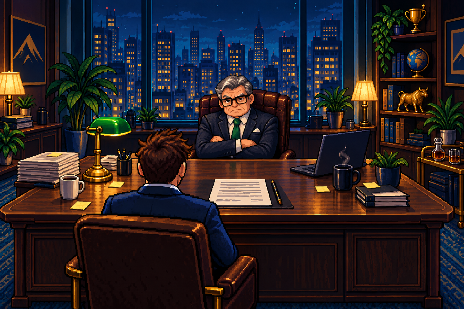 Pixel-art sales manager at a desk in a busy office